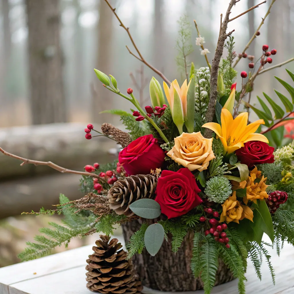 Floral arrangement with woodland elements